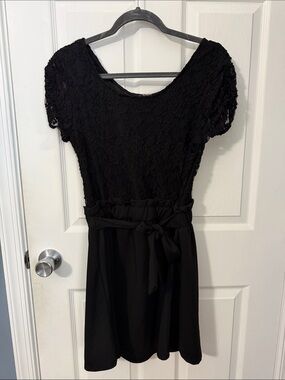 Discreet Black Lace Mini Dress with Waist Tie
